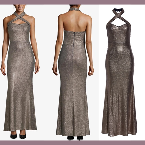 NEW XSCAPE [ 8 ] Allover Sequin Crisscross Halter‎ Gown in Glittery - Picture 2 of 12